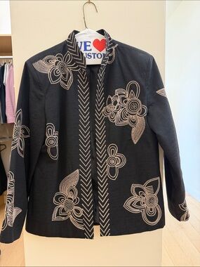 Black Embroidered Floral Open-Front Blazer